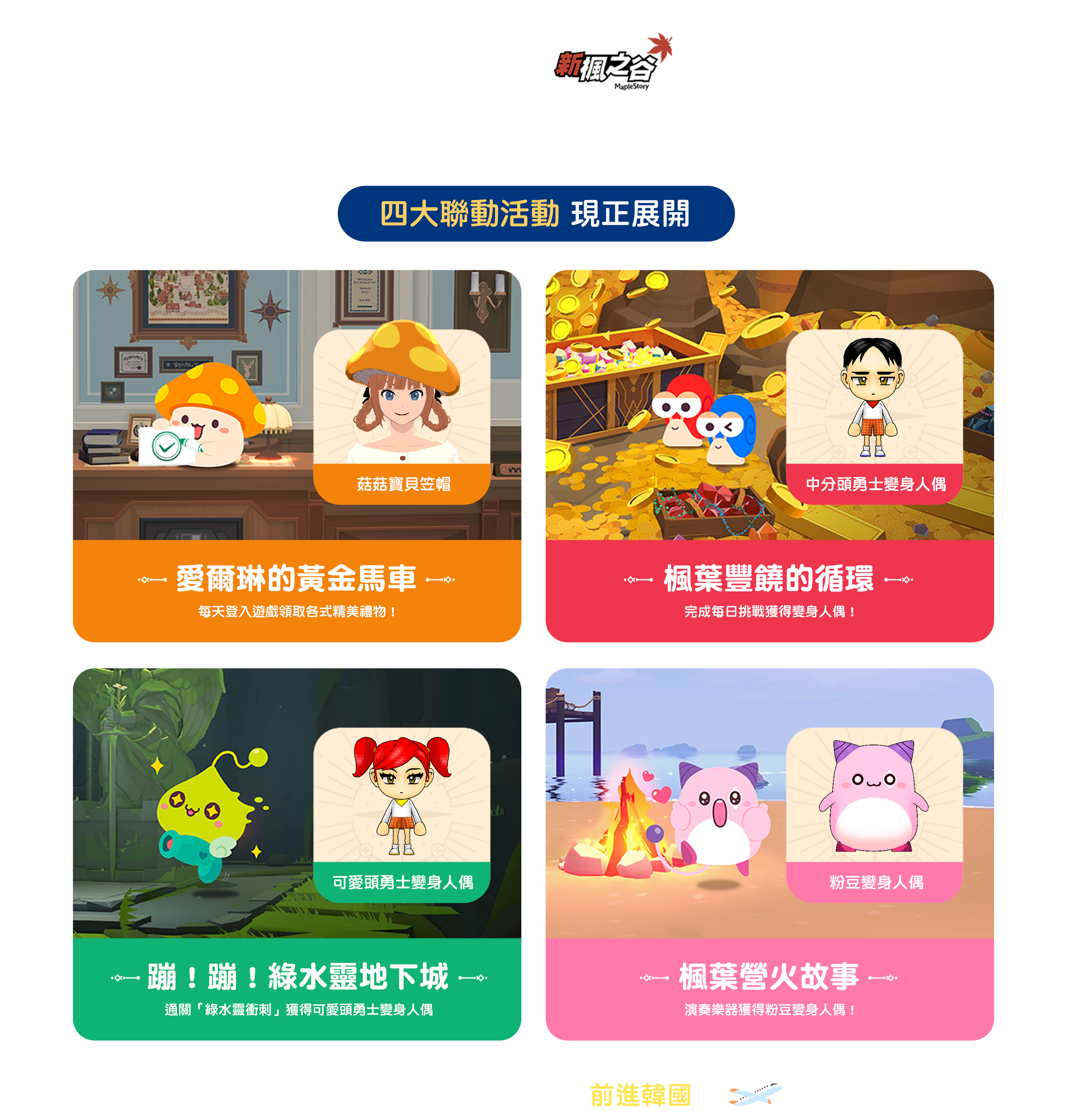 四大聯動活動 現正展開：愛爾琳的黃金馬車、楓葉豐饒的循環、蹦！蹦！綠水靈地下城、楓葉營火故事。完成四大聯動活動，下一站前進韓國！